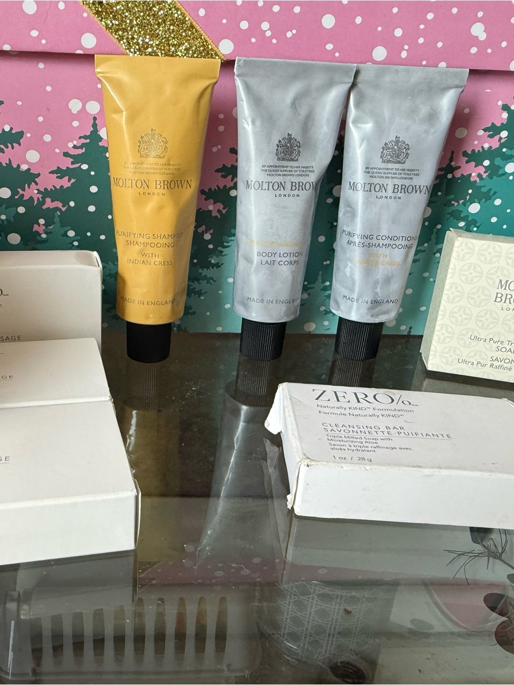 Molton Brown Yellow and Silver Tube Bath & Body Trio & zero% face & body soaps.